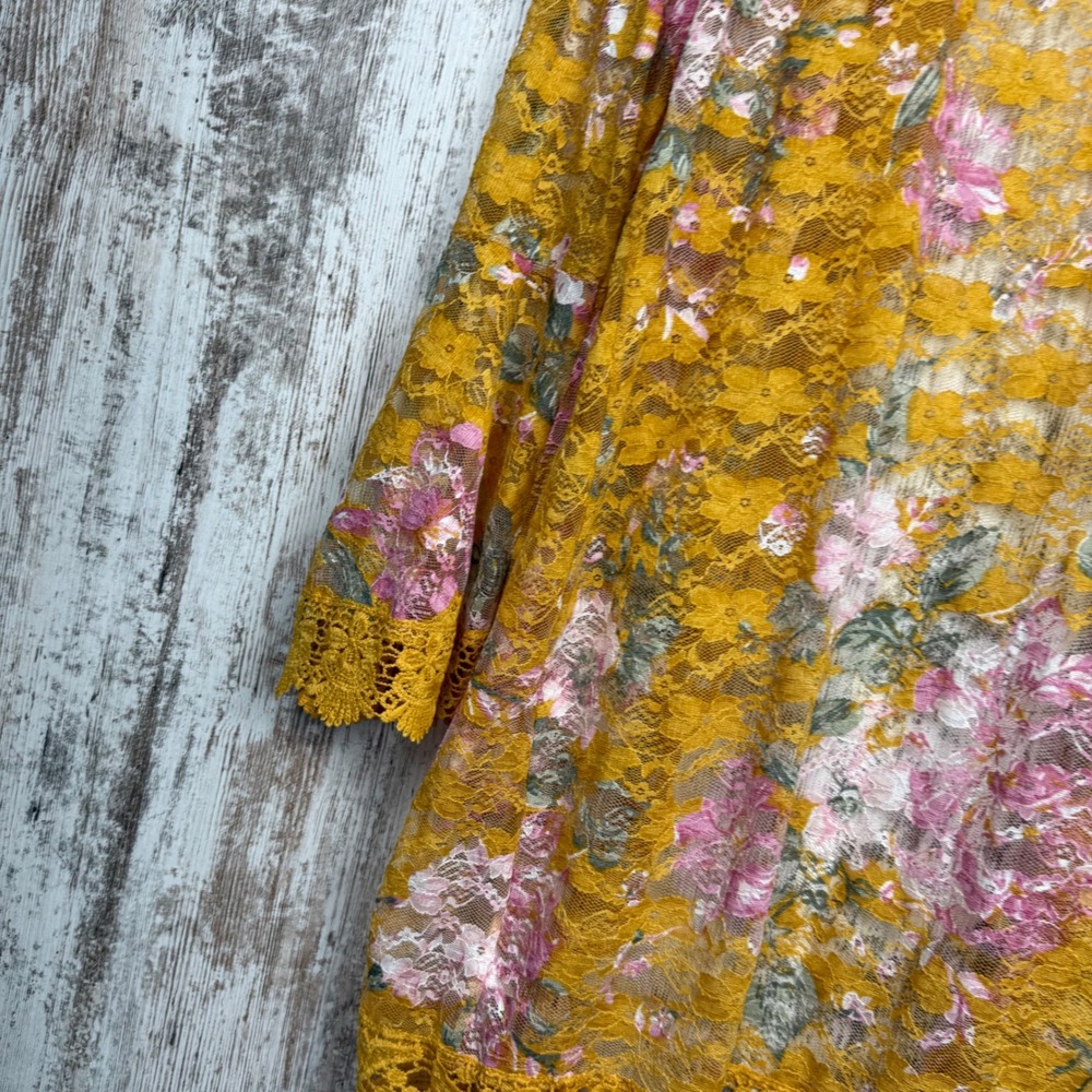 Jolie & Joy Floral Lace Kimono Cardigan Yellow Pink Bell Sleeve Large Feminine - Picture 10 of 12